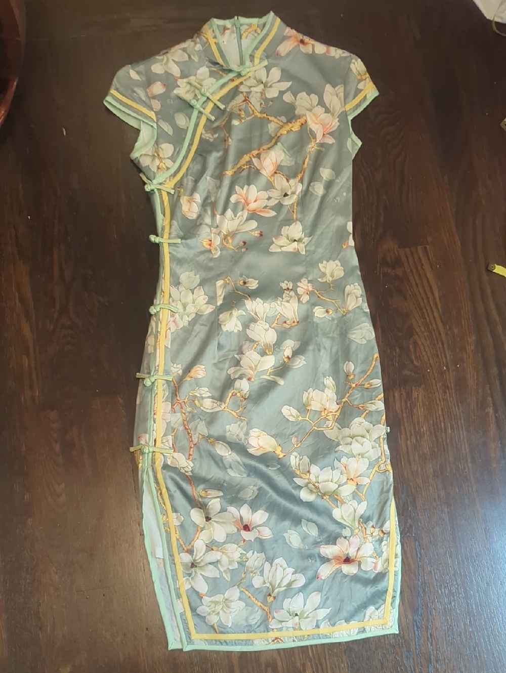 Floral Silk-Style Mandarin Sheath Cheongsam Dress - Blue Green